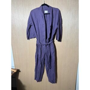 Offon‎ Clothing tie linen purple 3/4 sleeve cropped wide leg jumpsuit